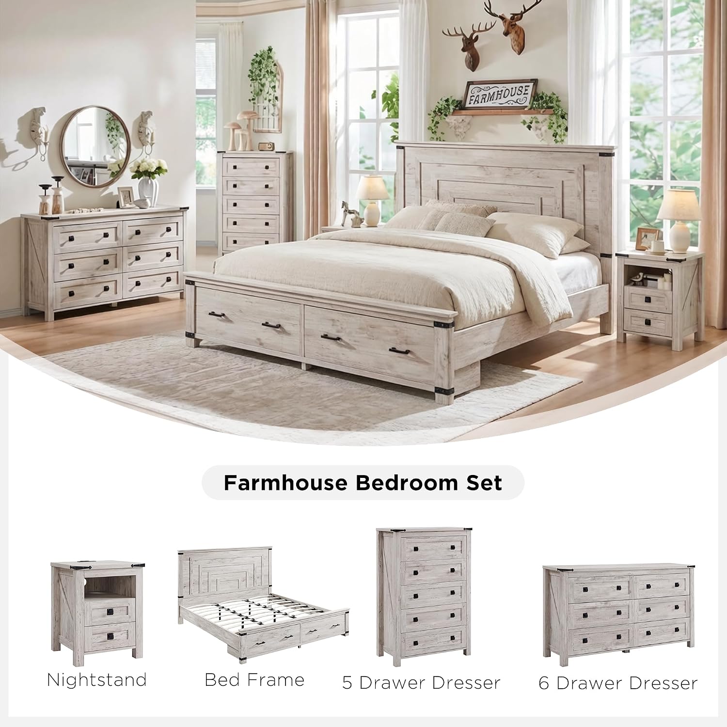 T4TREAM Farmhouse Queen Size Bed Frame with 54' Tall Geometric Headboard & 2 Large Storage Drawers, Rustic Wood Platform Bed with Wood Slats Support, No Box Spring Needed, Antique Brushed White
