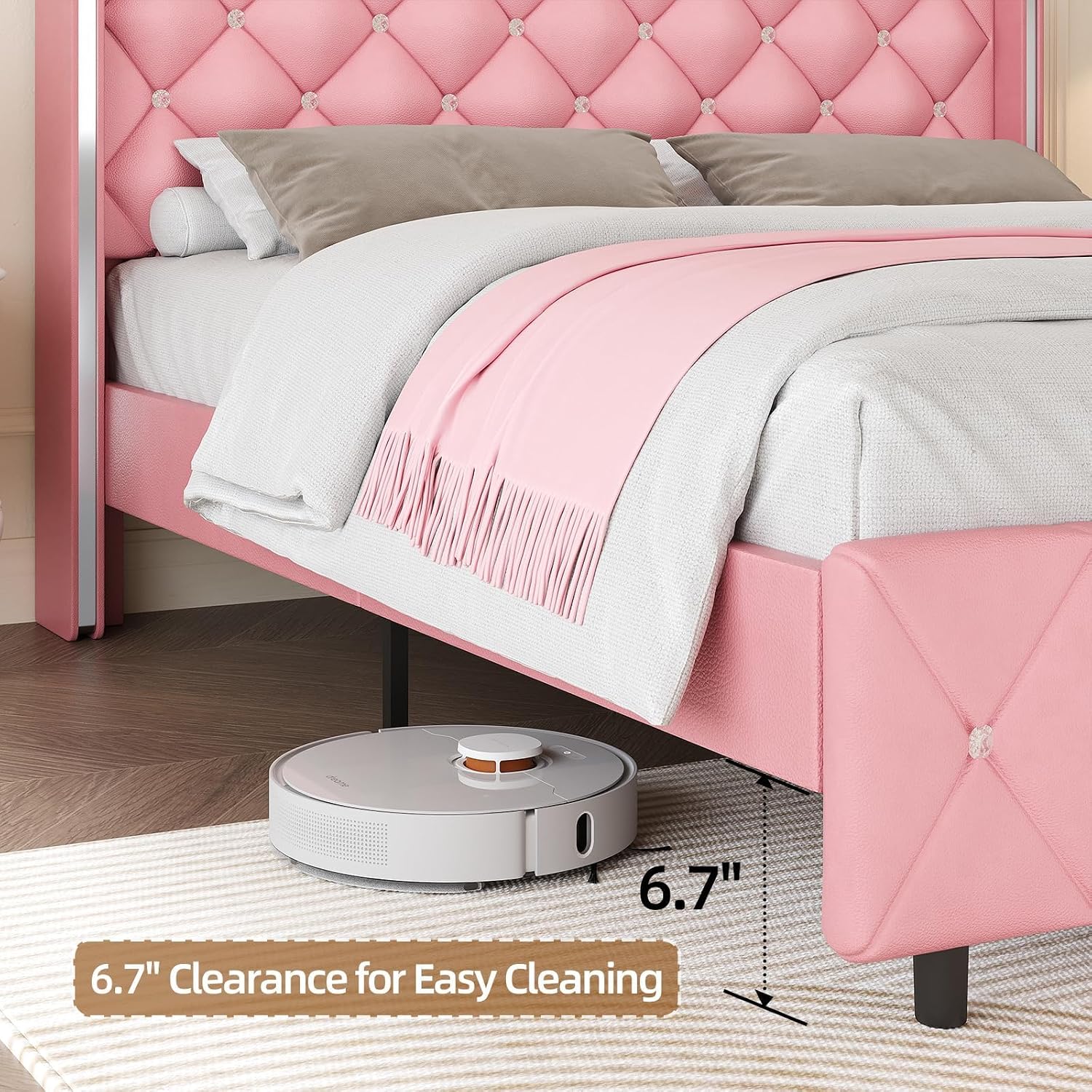 Queen Bed Frame with Headboard, Upholstered Queen Size Bed Frame with Diamond Tufted Wingback Headboard, Faux Leather, 800lbs Heavy Duty Support, Sliver Metal Edge Accents, No Box Spring Needed, Pink