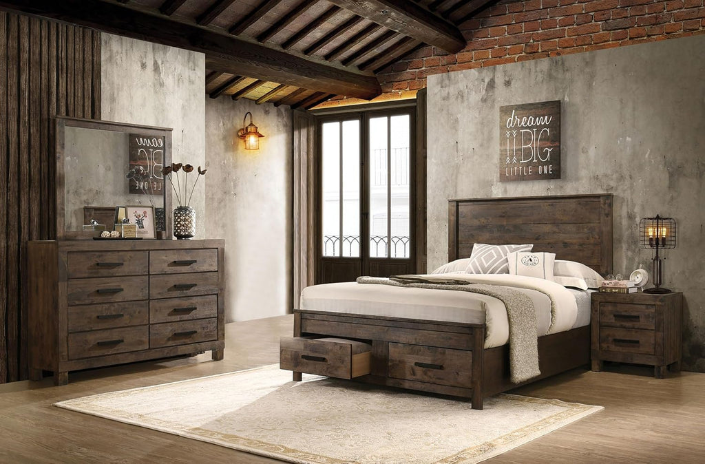 Coaster Home Furnishings Woodmont Farmhouse 4-Piece Bedroom Set Eastern King Size Storage Panel Bed Frame 54-inch Headboard Rustic Golden Brown 222631KE-S4
