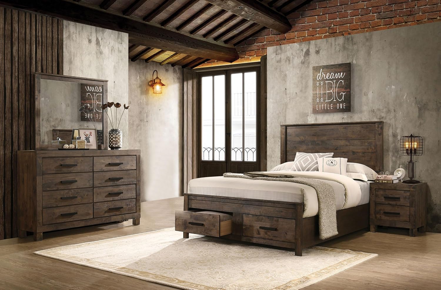 Coaster Home Furnishings Woodmont Farmhouse 4-Piece Bedroom Set California King Size Storage Panel Bed Frame 54-inch Headboard Rustic Golden Brown 222631KW-S4