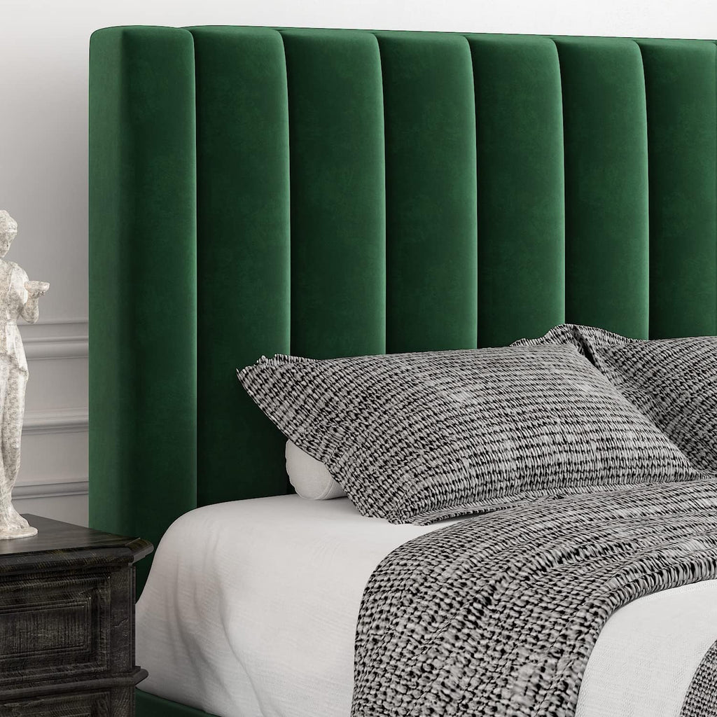 Allewie Full Bed Frame/Velvet Upholstered Bed Frame with Vertical Channel Tufted Headboard/Strong Wooden Slats/Platform Bed Frame/Mattress Foundation/Box Spring Optional/Easy Assembly/Green