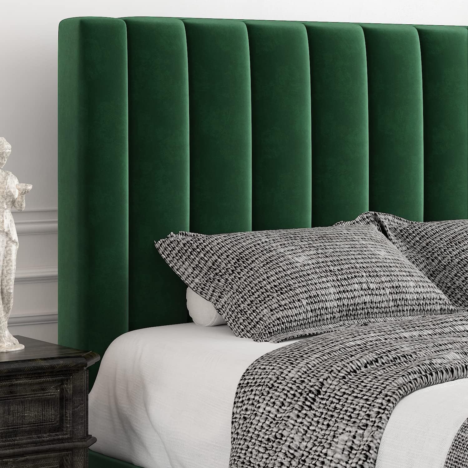 Allewie Full Bed Frame/Velvet Upholstered Bed Frame with Vertical Channel Tufted Headboard/Strong Wooden Slats/Platform Bed Frame/Mattress Foundation/Box Spring Optional/Easy Assembly/Green