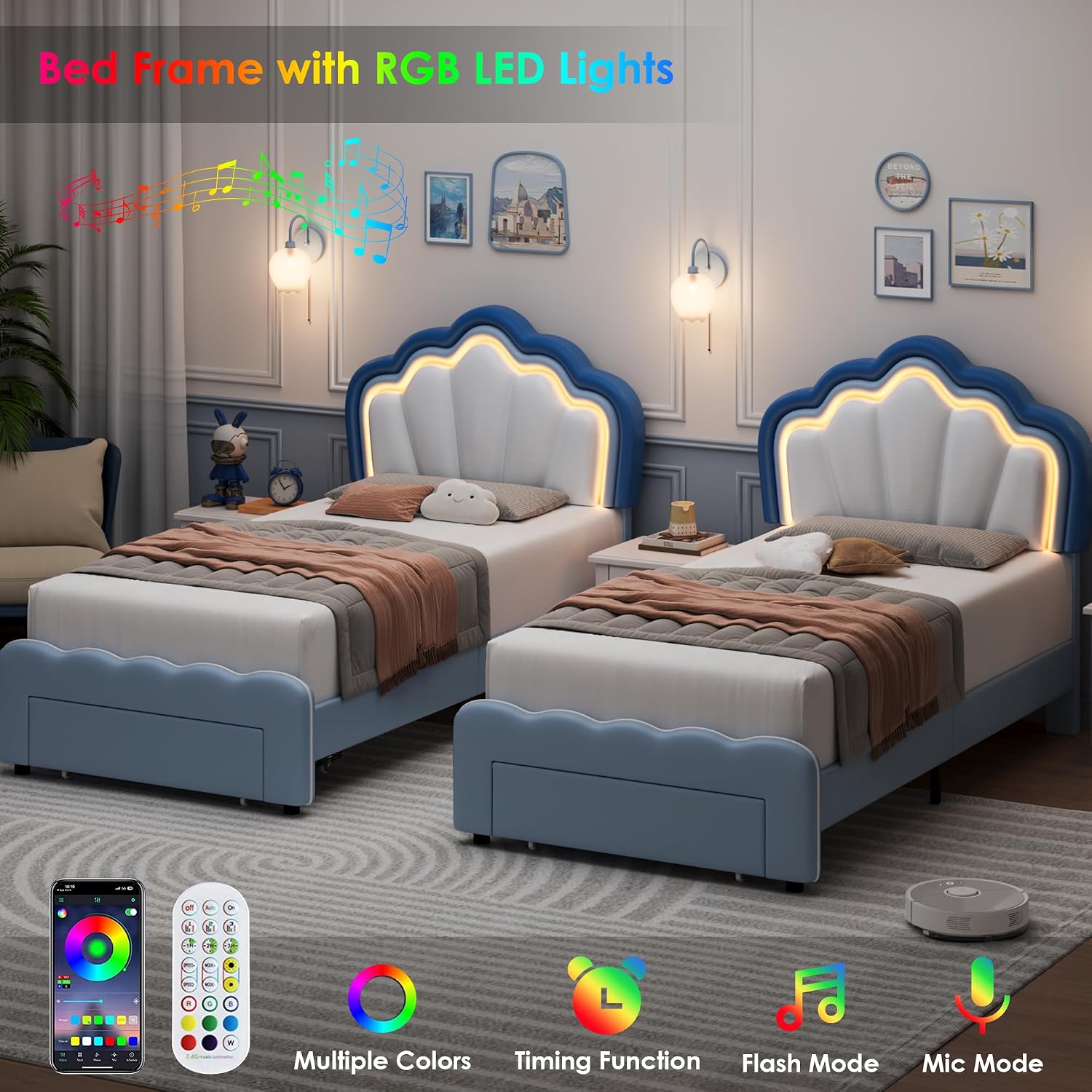 HOSTACK Twin Upholstered LED Bed Frame with Storage Drawers, Cute Boys Bed with Adjustable Lotus Headboard, Faux Leather Platform Bed Frame, Wooden Slats Support, No Box Spring Needed, Blue/White