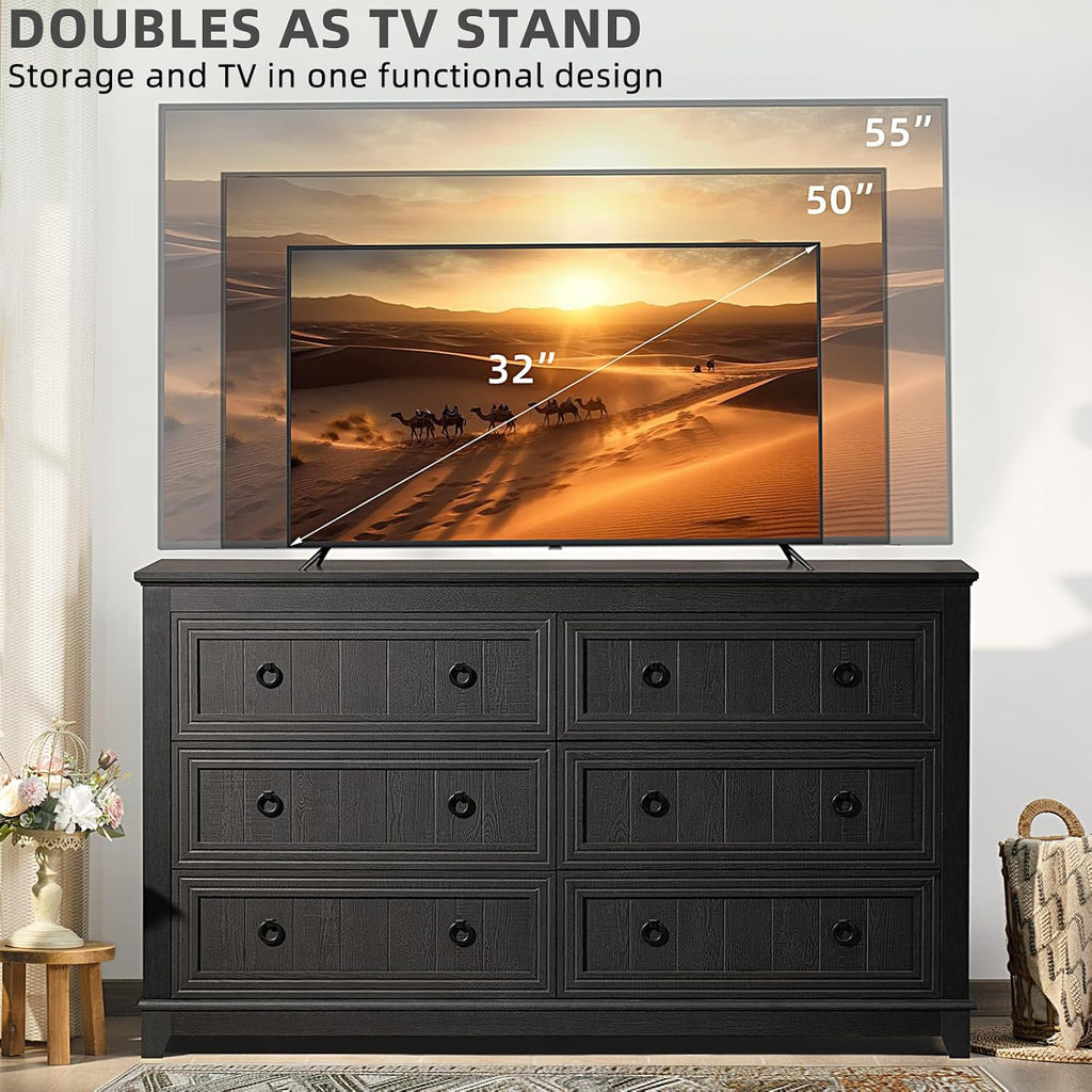 Joaxswe 6 Drawers Dresser for Bedroom, Farmhouse 54 Inch Wide Wood Dresser Chest of Drawers, Vintage Design TV Stand, Rustic Storage Dressers Organizer for Bedroom, Living Room, Hallway - Retro Black