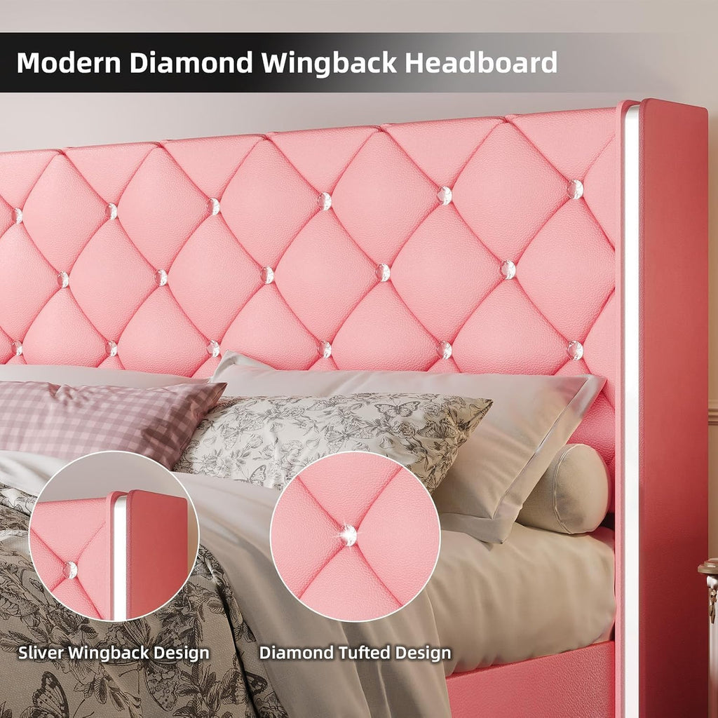 HOMBCK Full Size Bed Frame with Headboard, Upholstered Faux Leather Bed with Diamond Headboard, Pink Bed Frame Full with Footboard, No Box Spring Needed, Easy Assembly, Pink
