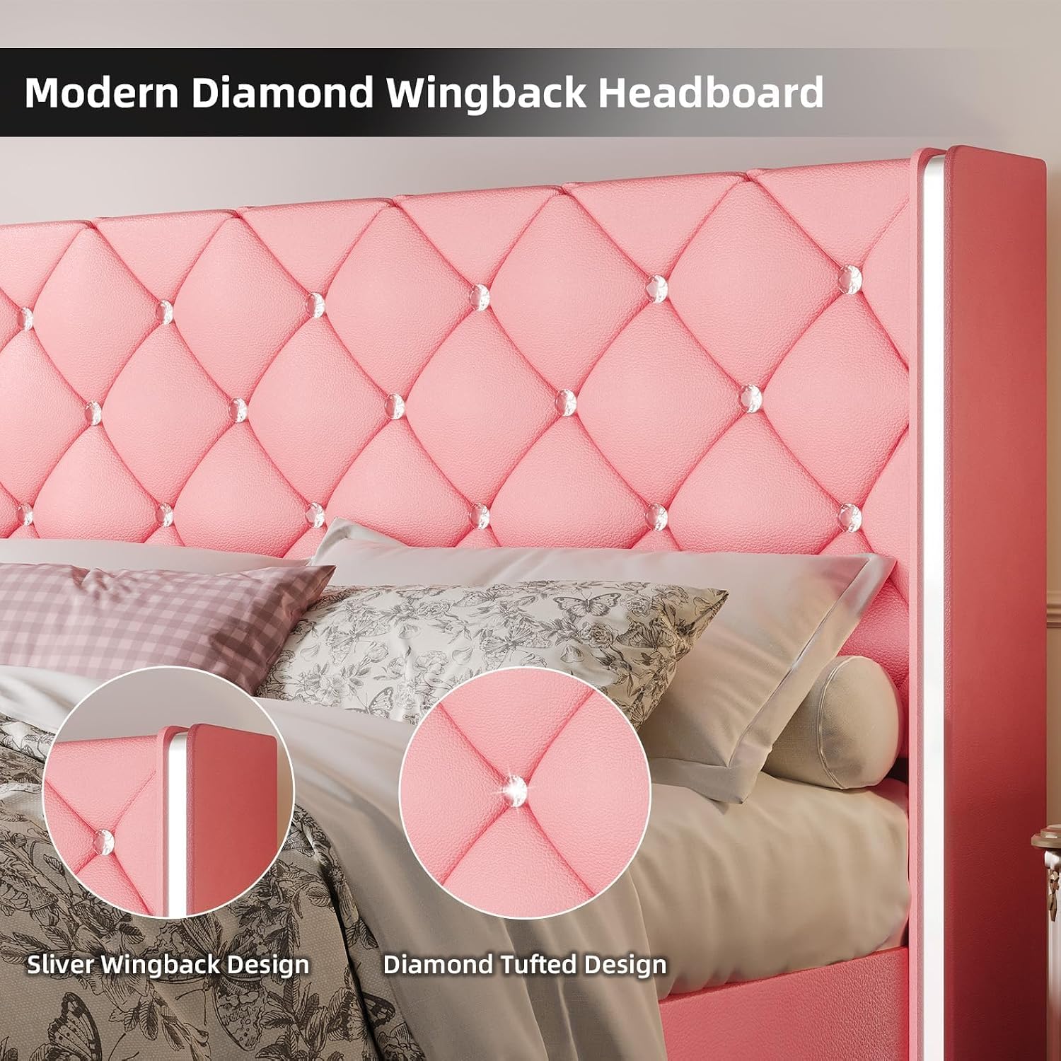 HOMBCK Full Size Bed Frame with Headboard, Upholstered Faux Leather Bed with Diamond Headboard, Pink Bed Frame Full with Footboard, No Box Spring Needed, Easy Assembly, Pink