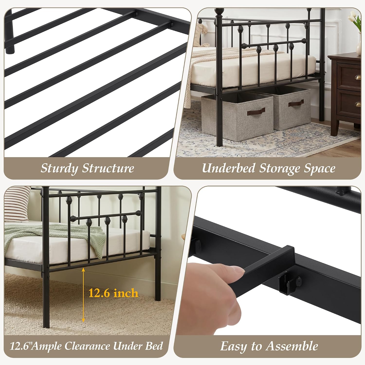 VECELO Daybed Frame, Twin Size Metal Platform Bed with Headboard,Heavy Duty Steel Slats Support for Living Room Bedroom Guest Room, Easy Assembly