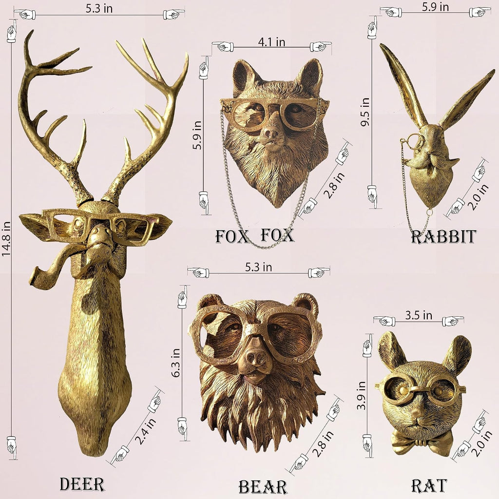 Artocery Brass Animal Head Wall Decor Gold Animal Heads Shaped Wall Hanging for Living Room Bath Room Kitchen Gardening Pub and Bar Decor for Wall Gift Ideas for Woman for Man (5pcs-brass)