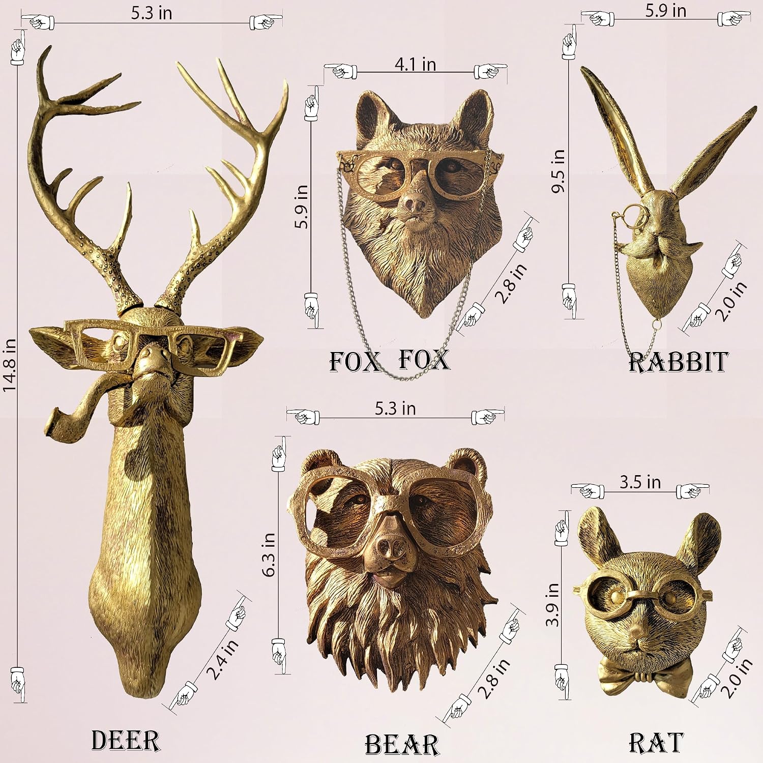 Artocery Brass Animal Head Wall Decor Gold Animal Heads Shaped Wall Hanging for Living Room Bath Room Kitchen Gardening Pub and Bar Decor for Wall Gift Ideas for Woman for Man (5pcs-brass)