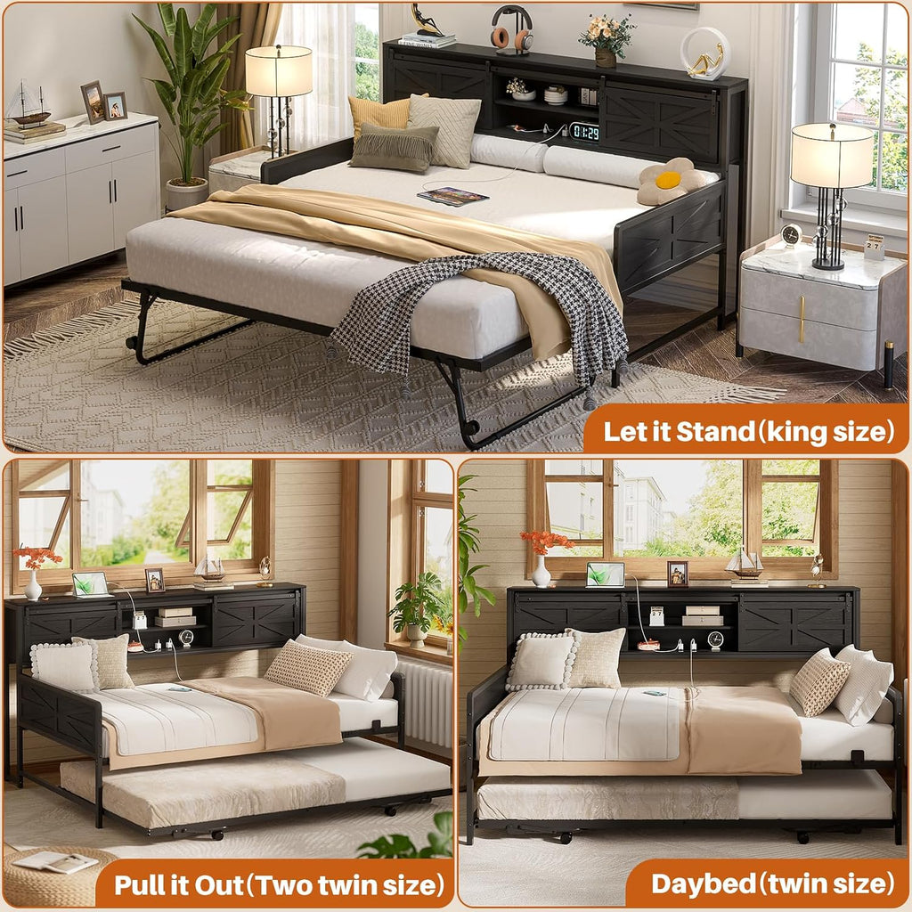 Homieasy Farmhouse Twin Daybed with Pop-Up Trundle, Metal Trundle Bed Frame with Bookcase Headboard, Charging Station & Barn Door Storage for Bedroom & Guest Room, Black