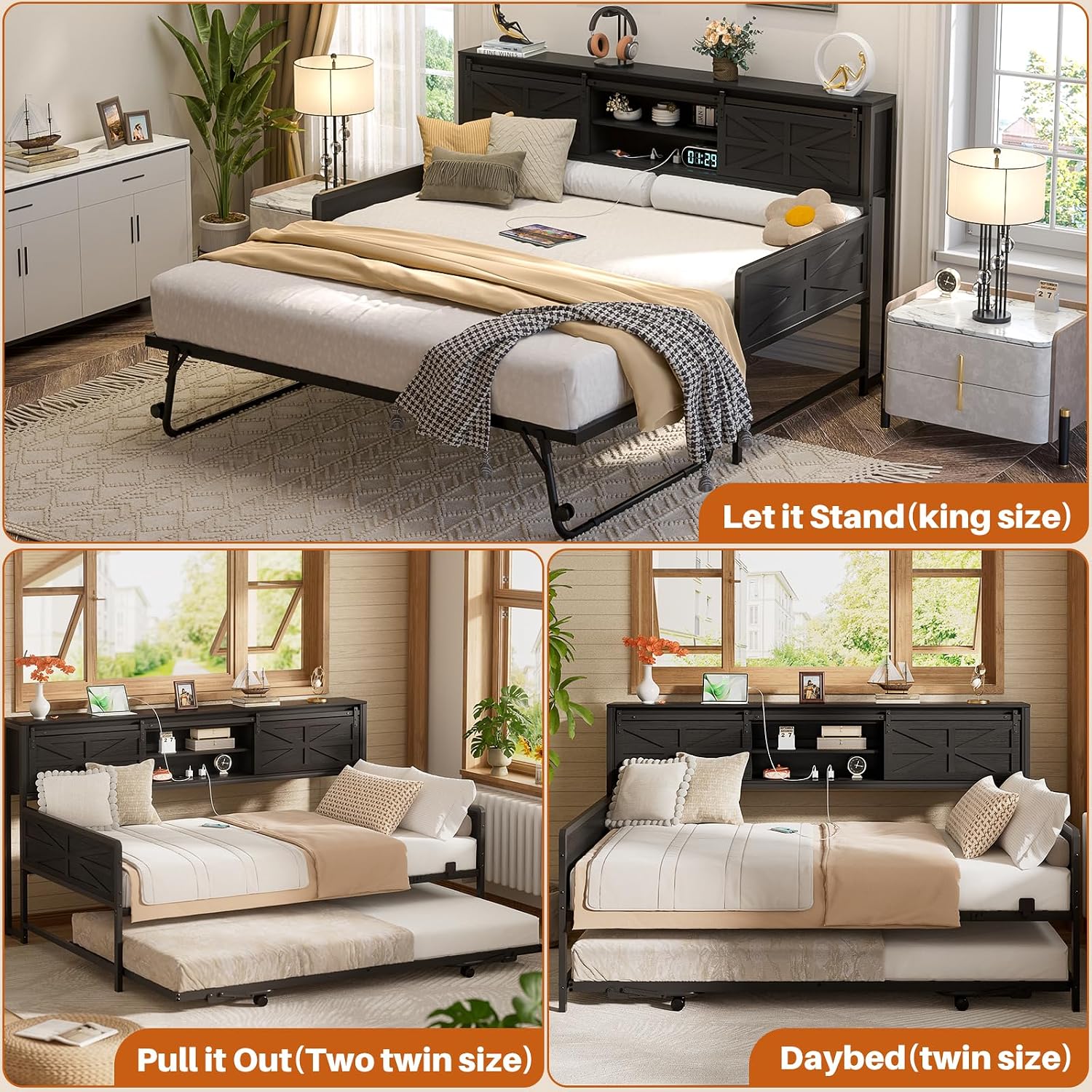 Homieasy Farmhouse Twin Daybed with Pop-Up Trundle, Metal Trundle Bed Frame with Bookcase Headboard, Charging Station & Barn Door Storage for Bedroom & Guest Room, Black