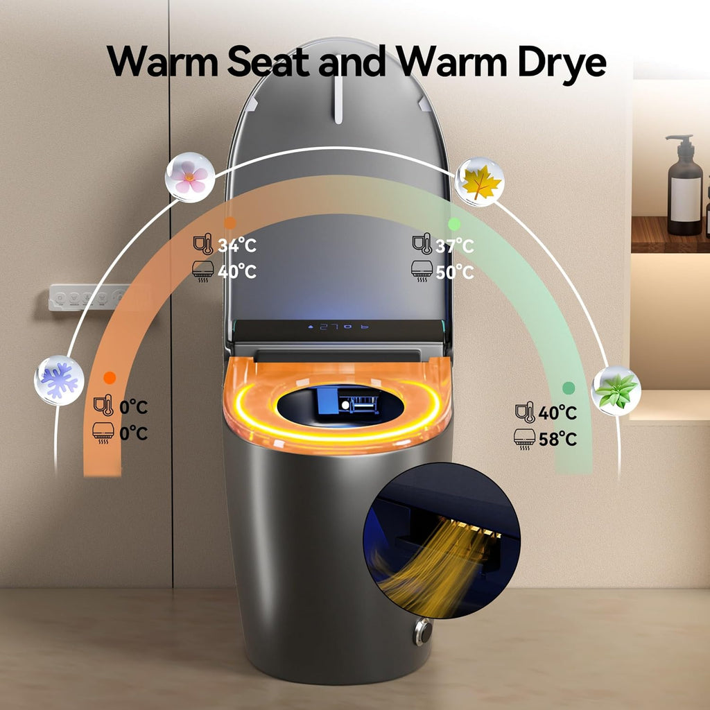 One Piece Toilet,Smart Toilet with Bidet Built In,Ceramic Toilet with Dryer and Warm Water, Intelligent Toilet Auto Open/Close Seat,Heated Seat,Grey