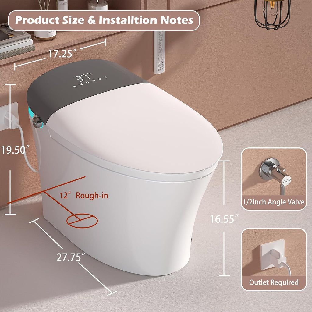 WinZo Smart Toilet With Bidet, ADA One-Piece Elongated, Auto Open/Close & Flush, Heated Seat, Front & Rear Wash, LED Display, Night Light, 12-inch Rough-in, White, Ceramic (Gery)