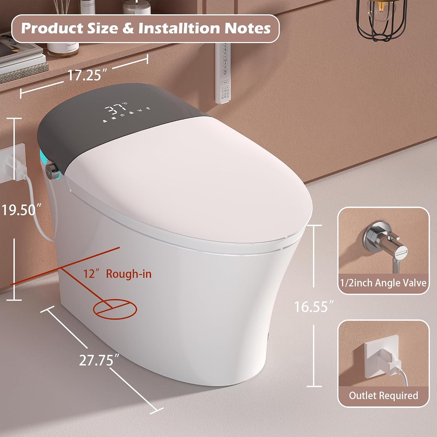 WinZo Smart Toilet With Bidet, ADA One-Piece Elongated, Auto Open/Close & Flush, Heated Seat, Front & Rear Wash, LED Display, Night Light, 12-inch Rough-in, White, Ceramic (Gery)