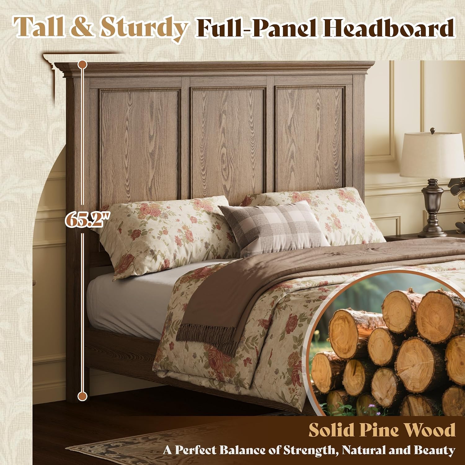 AMERLIFE Solid Wood Queen Bed Frame with 65.2' High Headboard, Traditional Platform Bed with Heavy Duty Slats, No Box Spring Needed, Easy Assembly, Light Brown