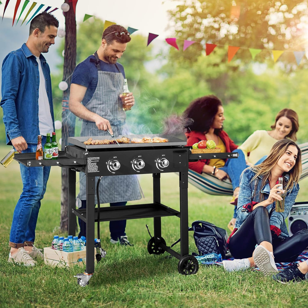Foldable 3-Burner Flat Top Gas Griddle Cooking Station Propane Fuelled Griddle Station with Side Shelves for Outdoor Barbecue Backyard Cookout