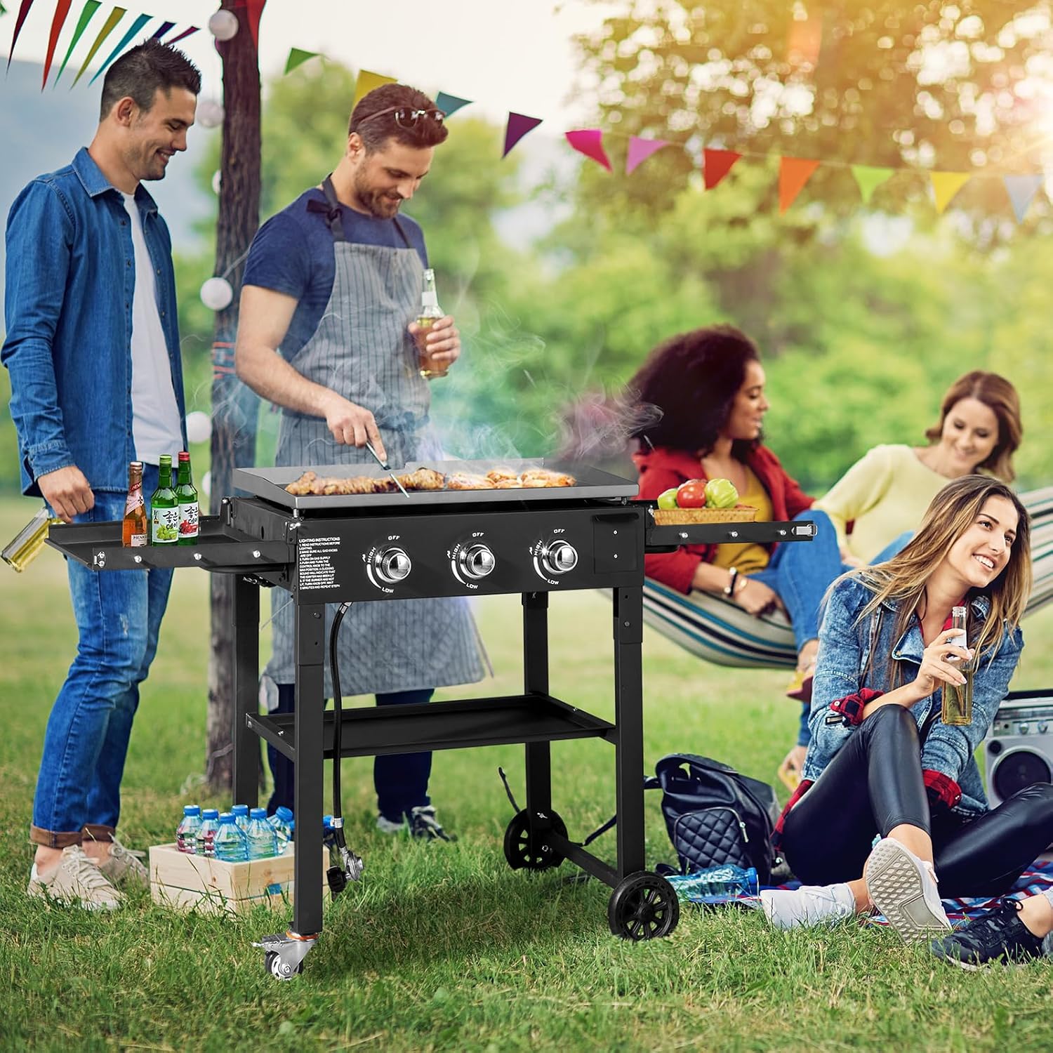 Foldable 3-Burner Flat Top Gas Griddle Cooking Station Propane Fuelled Griddle Station with Side Shelves for Outdoor Barbecue Backyard Cookout