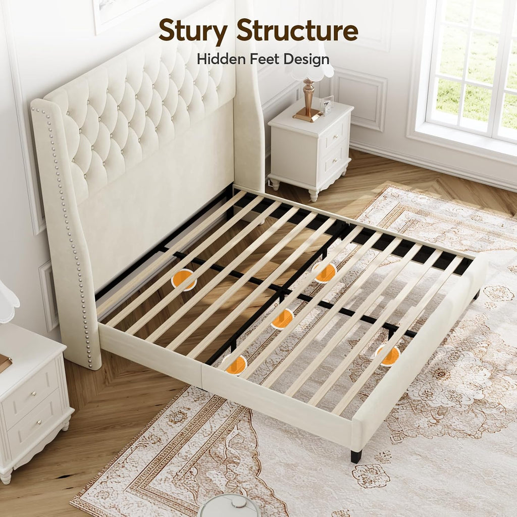 Full Bed Frame with 55' Tall Headboard, Upholstered Bed Frames, Soft Fabric, Button Tufted Headboard with Windback, Platform Bed, Noise-Free, No Box Spring Needed, Beige