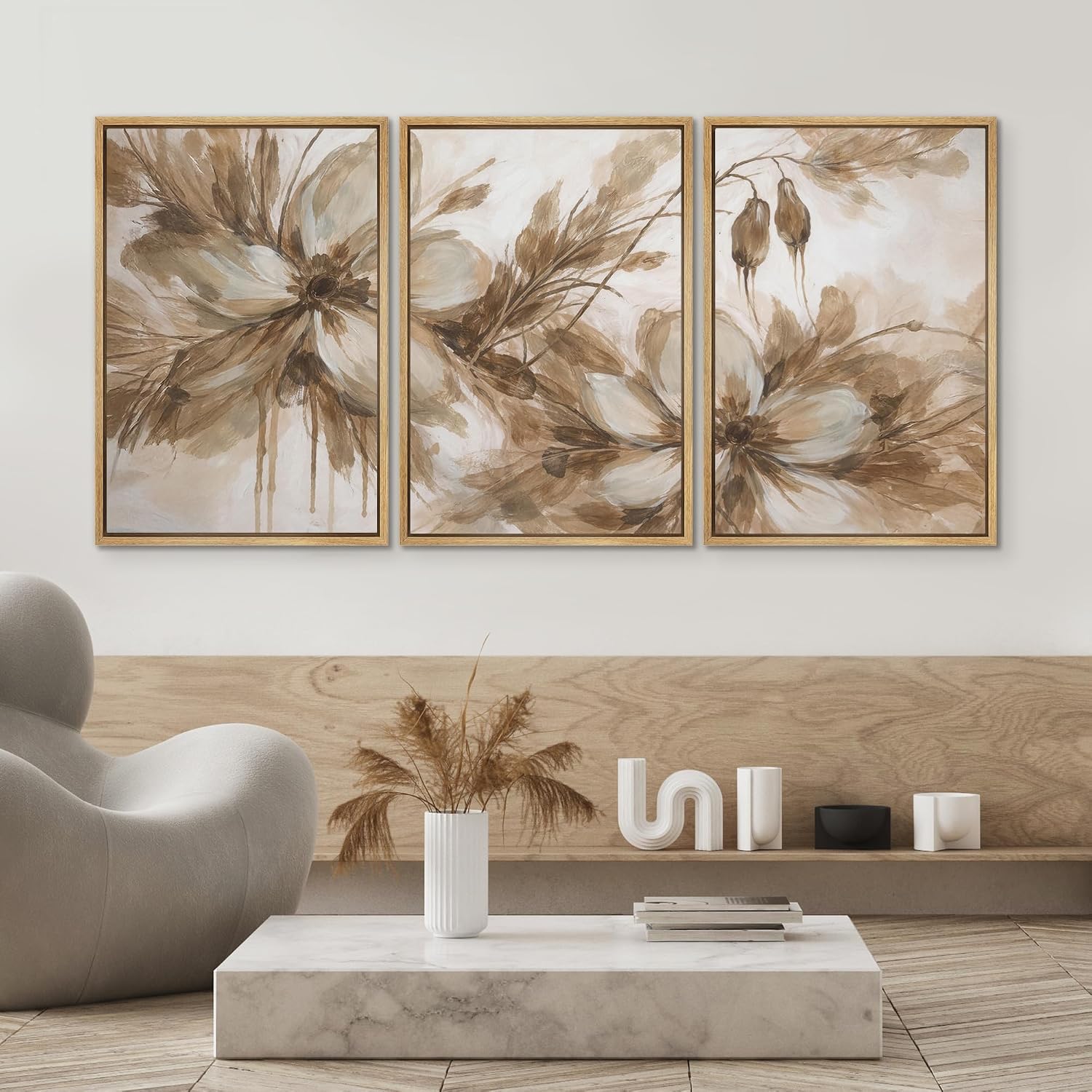 SIGNWIN Framed Canvas Print Wall Art Set Neutral Botanical Flowers Sepia Tone Floral Illustrations Modern Art Decorative Scenic Rustic for Living Room, Bedroom, Office - 16'x24'x3 Natural