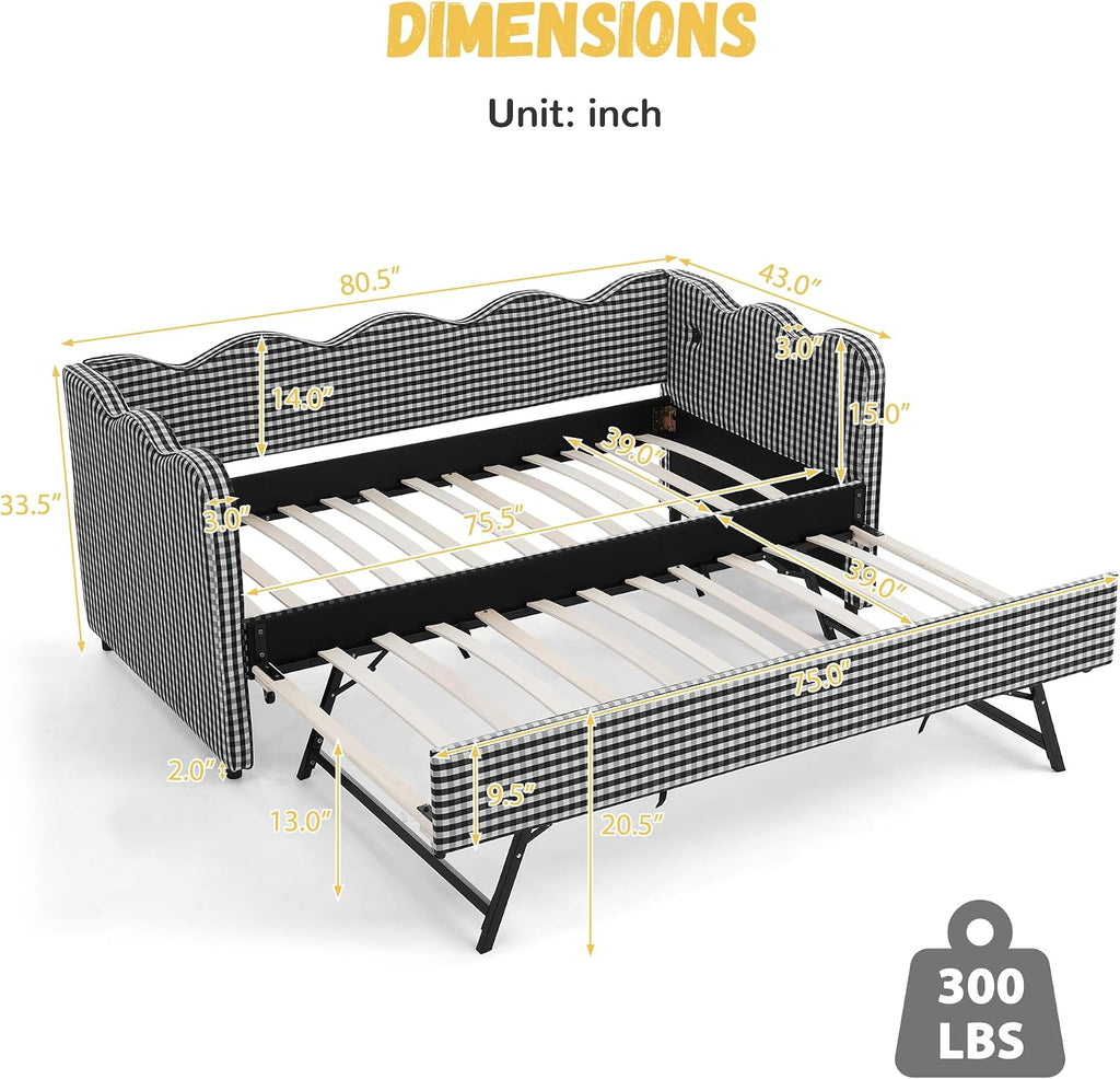 DEINPPA Twin Size Upholstered Daybed with Trundle, Gingham Daybed with USB Ports for Bedroom Living Room Guest Room-Black
