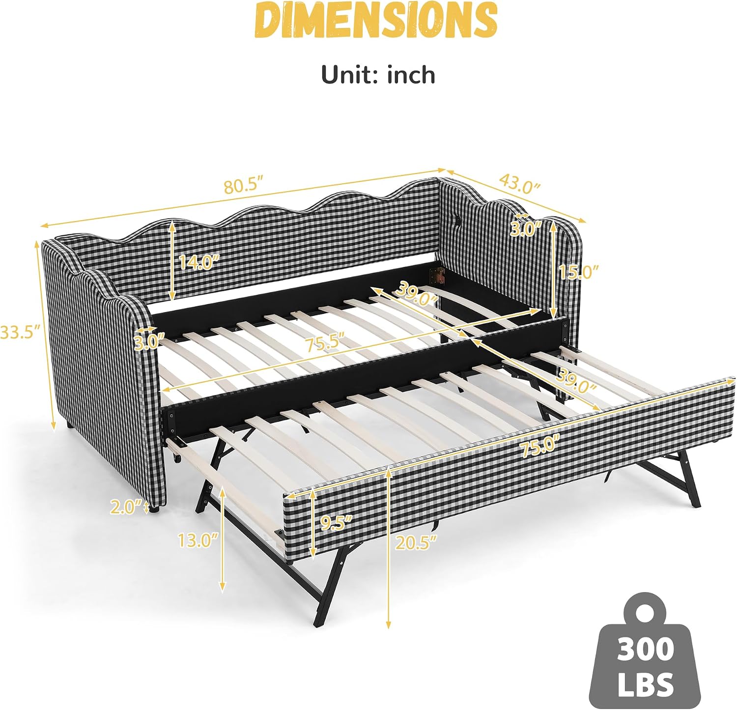 DEINPPA Twin Size Upholstered Daybed with Trundle, Gingham Daybed with USB Ports for Bedroom Living Room Guest Room-Black