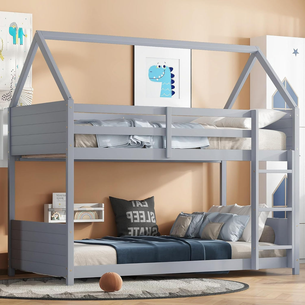 Bellemave Twin Over Twin Bunk Bed, Wooden House Bunk Bed with Ladder and Guardrail for Bedroom, Dormitory, Floor Bunk Beds with Headboard and Footboard for Kids, Teens, No Box Spring Needed, Grey