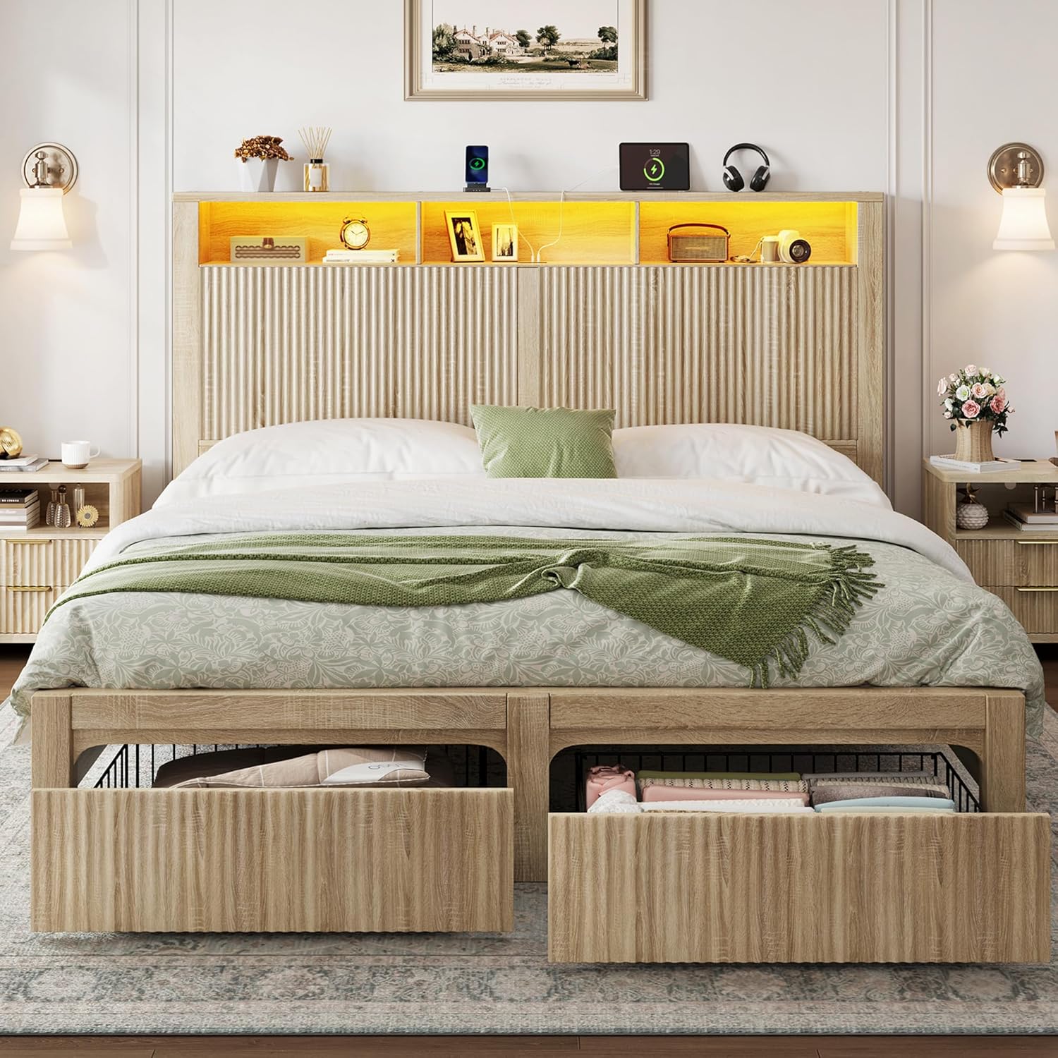 CypBed Queen Size Bed Frame with Headboard and Storage Drawers, Queen Bed Frame with LED Light and Charging Port, Farmhouse Wavy Design, Wood & Metal Platform, Noise-Free, No Box Spring Needed, Wood
