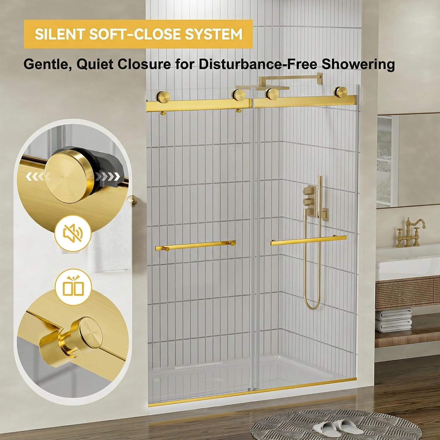 Findepot 44'-48' W x 75' H Frameless Shower Door, Double Sliding Shower Door,5/16'(8mm) Clear Tempered Glass,Stainless Steel Hardware,Brushed Gold