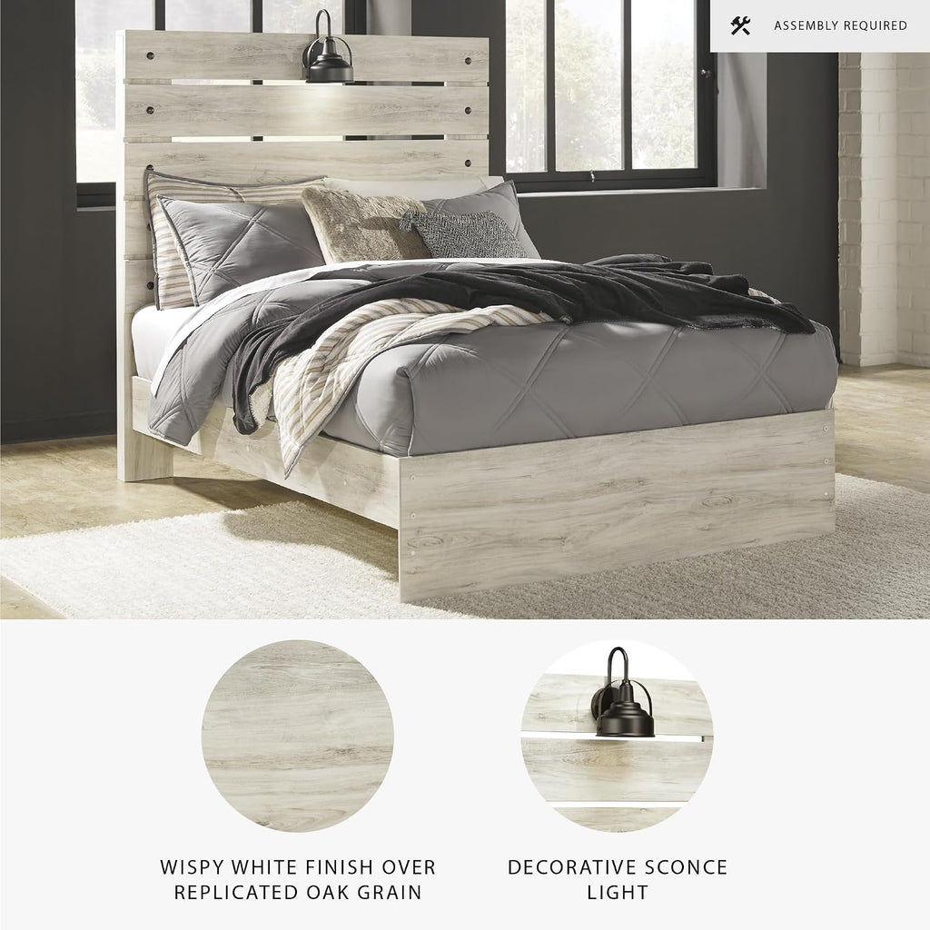 Signature Design by Ashley Cambeck Farmhouse Full Panel Bed with Sconce Light and USB Ports, Foundation or Box Spring Needed, Whitewash