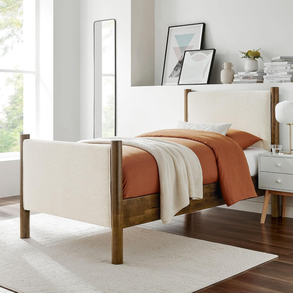 Modway Maven Twin Size Bed Frame in Ivory Walnut with Upholstered Fabric Headboard and Footboard – Wood Twin Platform Bed Frame – No Box Spring Needed