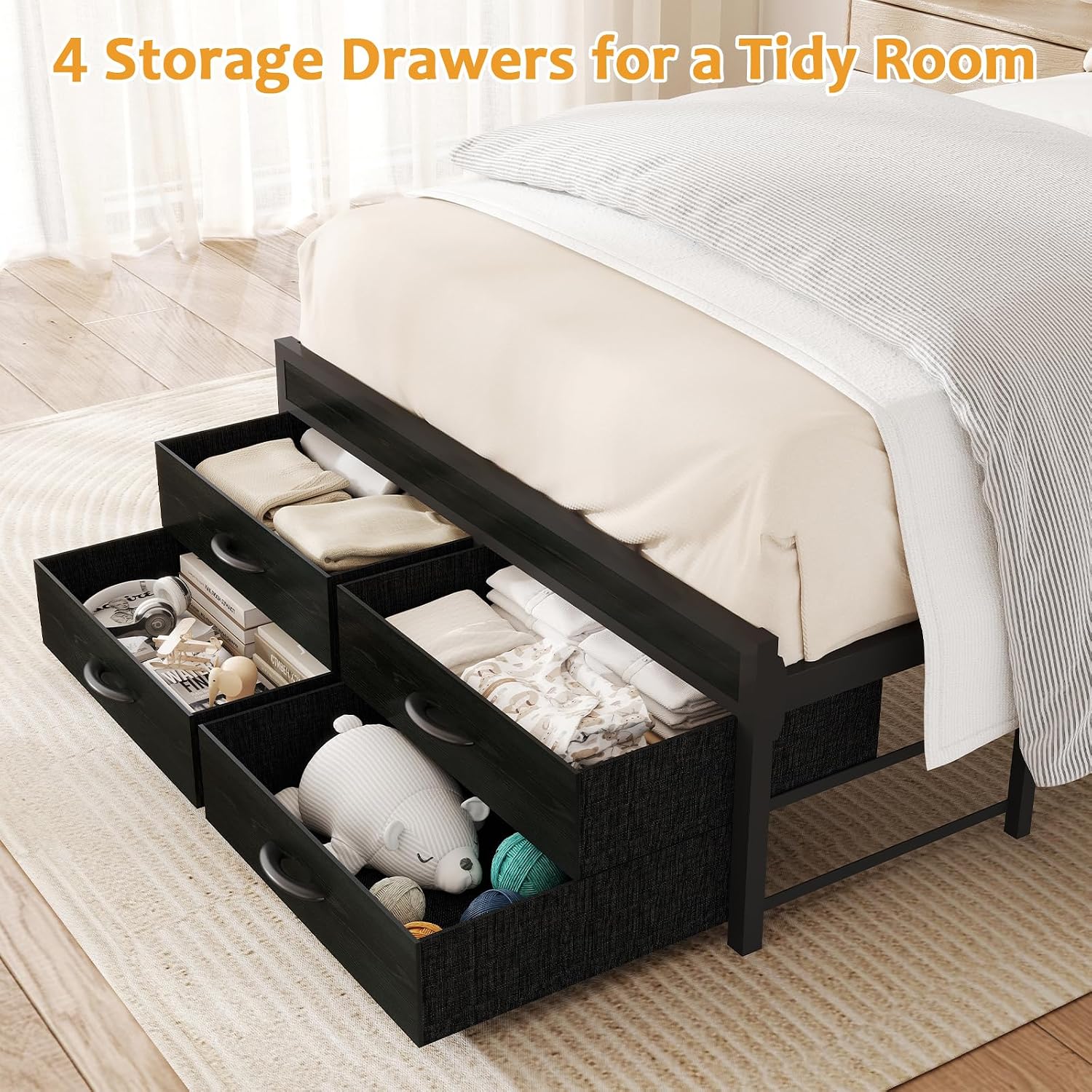 Zevemomo Twin Bed Frame with Storage Drawers, Twin Metal Bed Frame with LED Light and Charging Station, Heavy Duty Metal Slats, No Box Spring Needed, Black