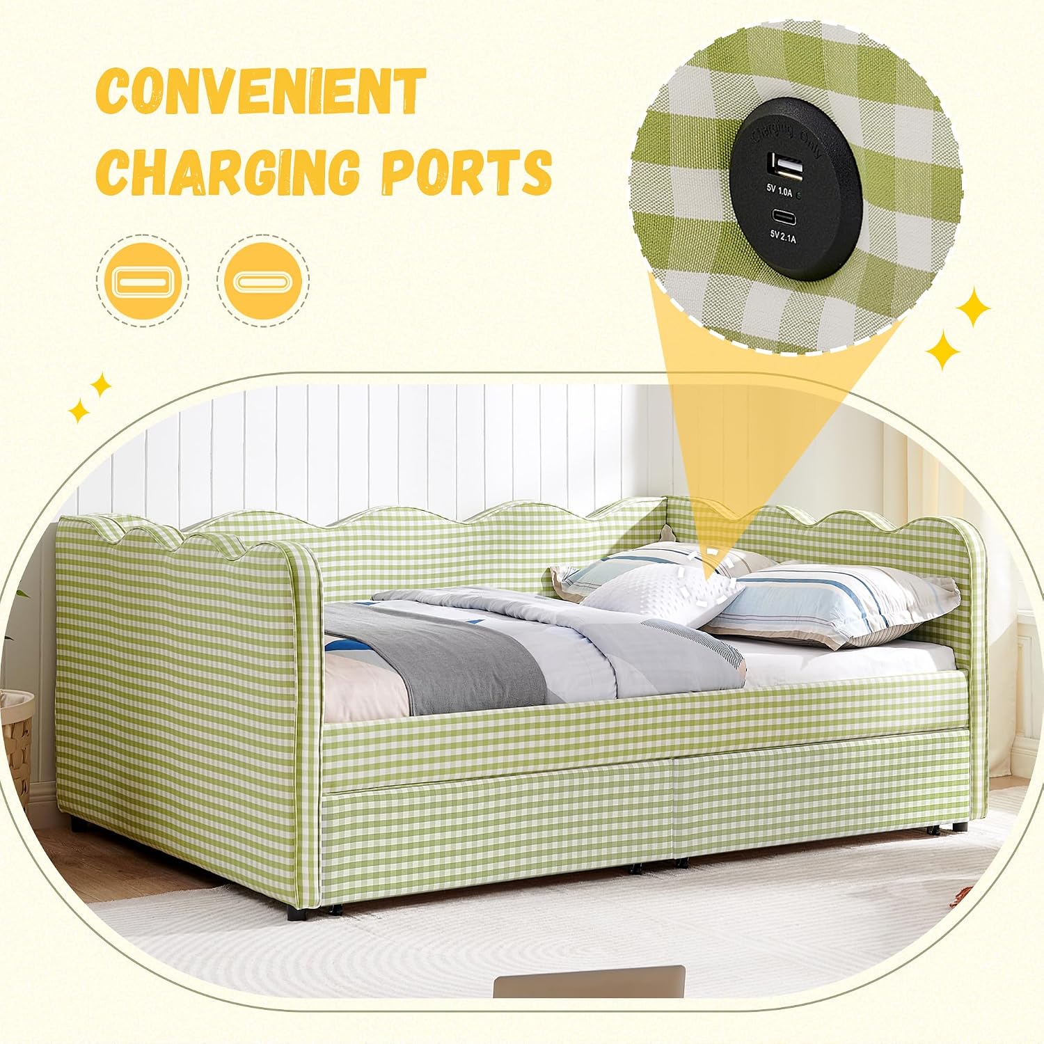DEINPPA Full Size Upholstered Daybed with 2 Storage Drawers, Gingham Daybed with USB Ports for Bedroom Living Room Guest Room-Green