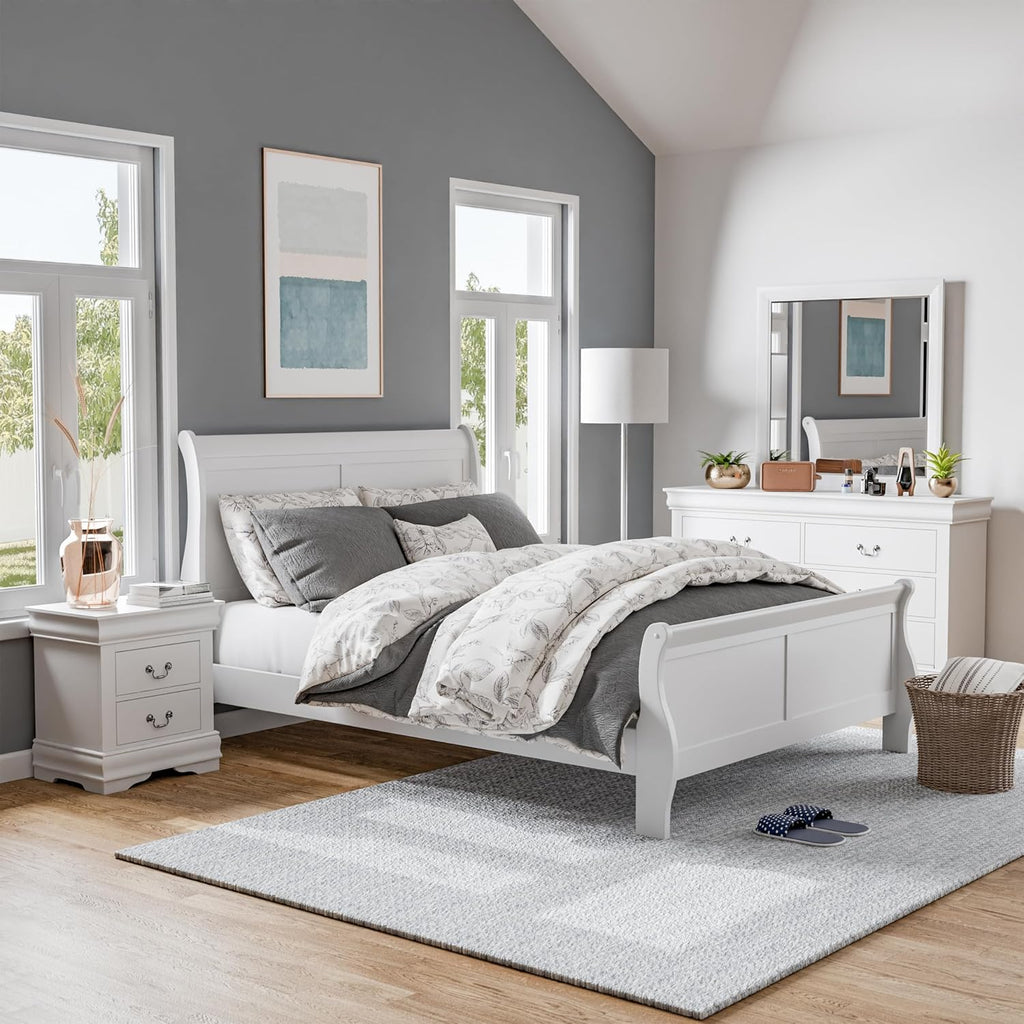 Furniture of America Louis Philippe Traditional Wood King Bed Frame with Headboard and Footboard, Elegant Sleigh Design Bedframe for Bedroom, Guest Room, Easy Assembly, Box Spring Required, White