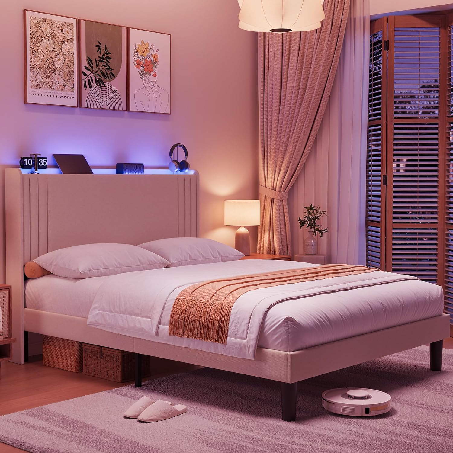 Gizoon Queen Bed Frame with Charging Station and LED Lights,Upholstered Wingback Platform Bed with Wooden Slats,Noise-Free,No Box Spring Needed