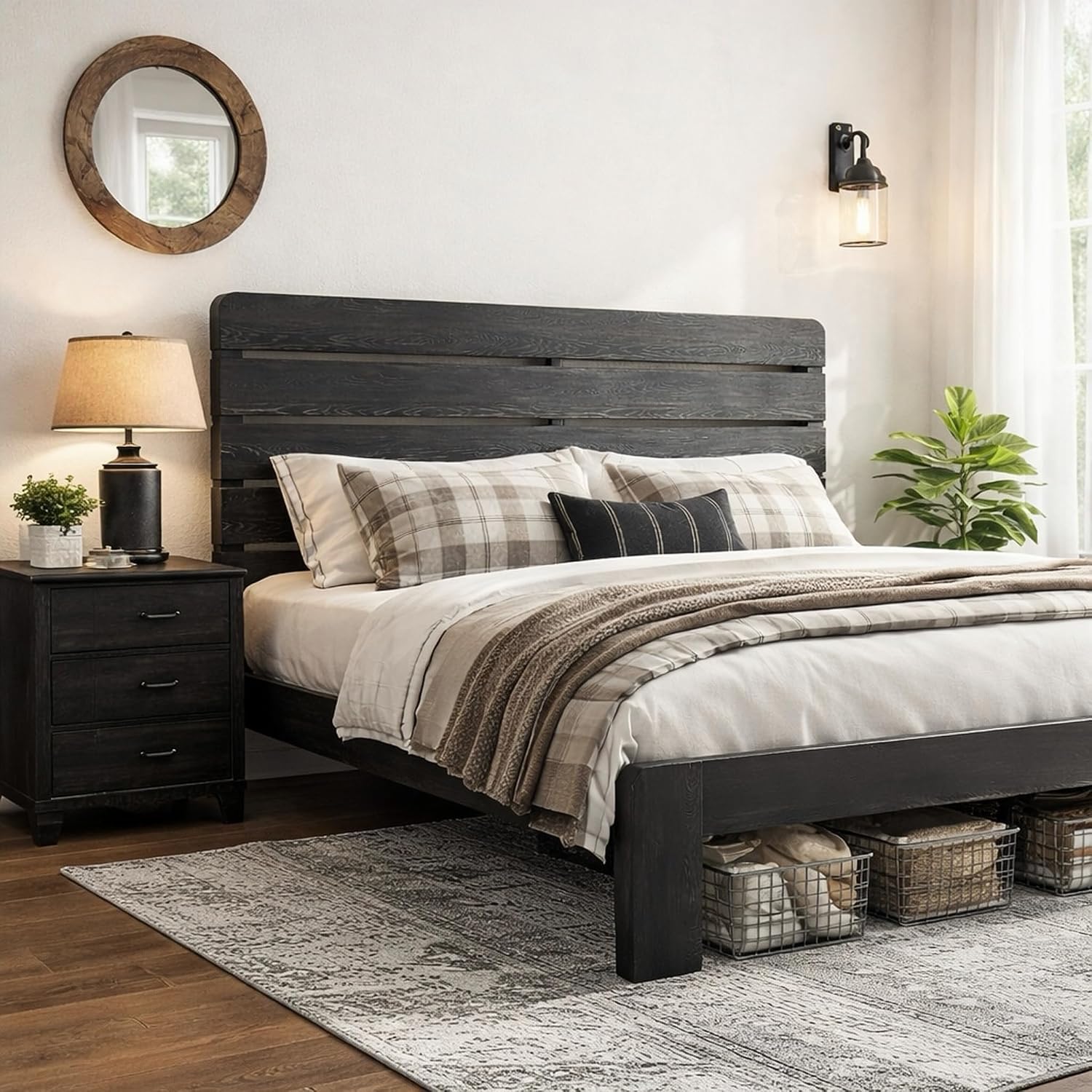 Wooden King Size Bed Frame with Headboard, Rustic Farmhouse Platform Bedframe with Wood Slat Support, Sturdy and No Noise, Easy Assembly (Black, King)