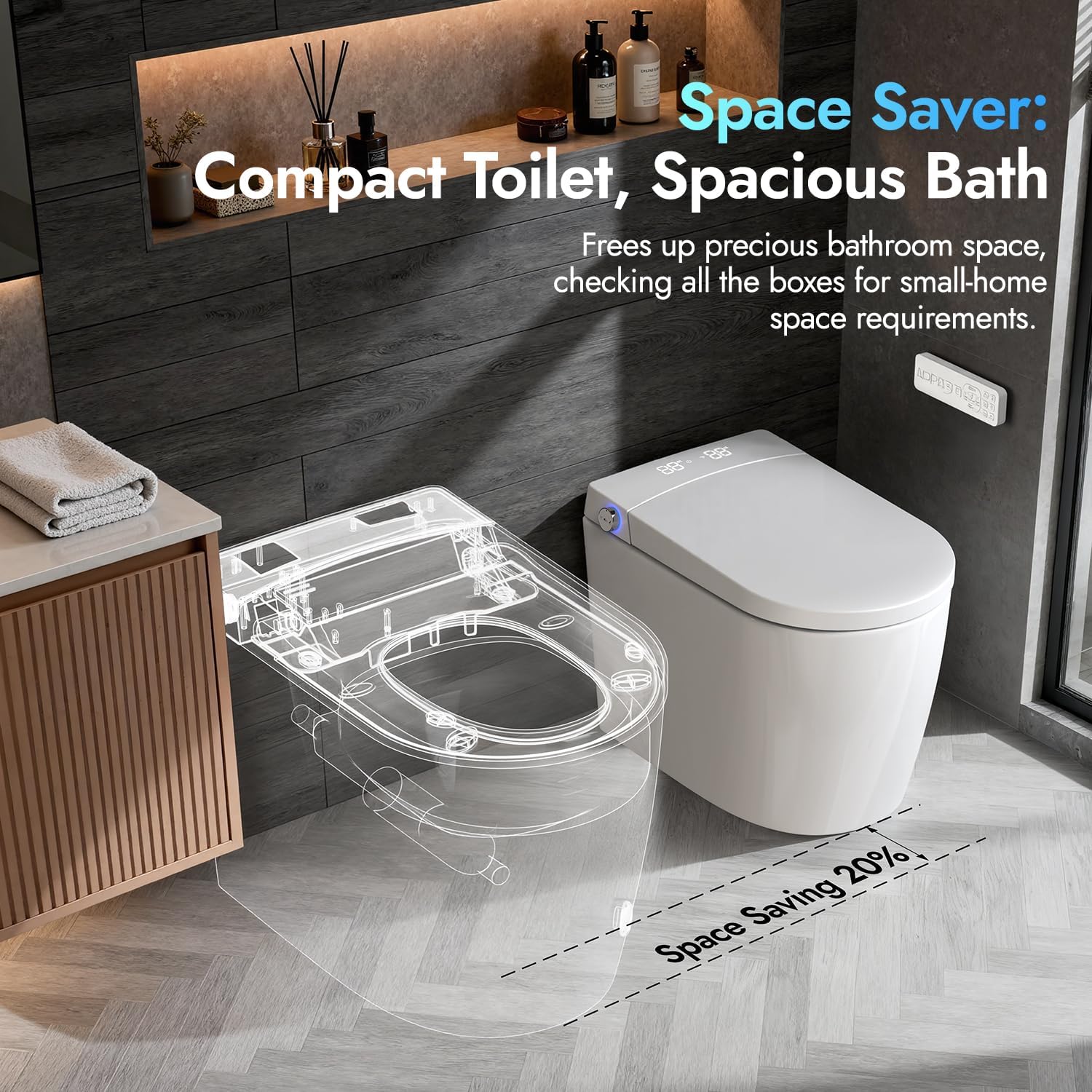 Smart Compact Toilet for Small Bathroom, 23' Depth Toilet with Auto Open/Close Lid & Foot Sensor Flush, Heated Seat, Warm Water Wash & Dryer, Tankless One Piece Toilet with 1.28GPF
