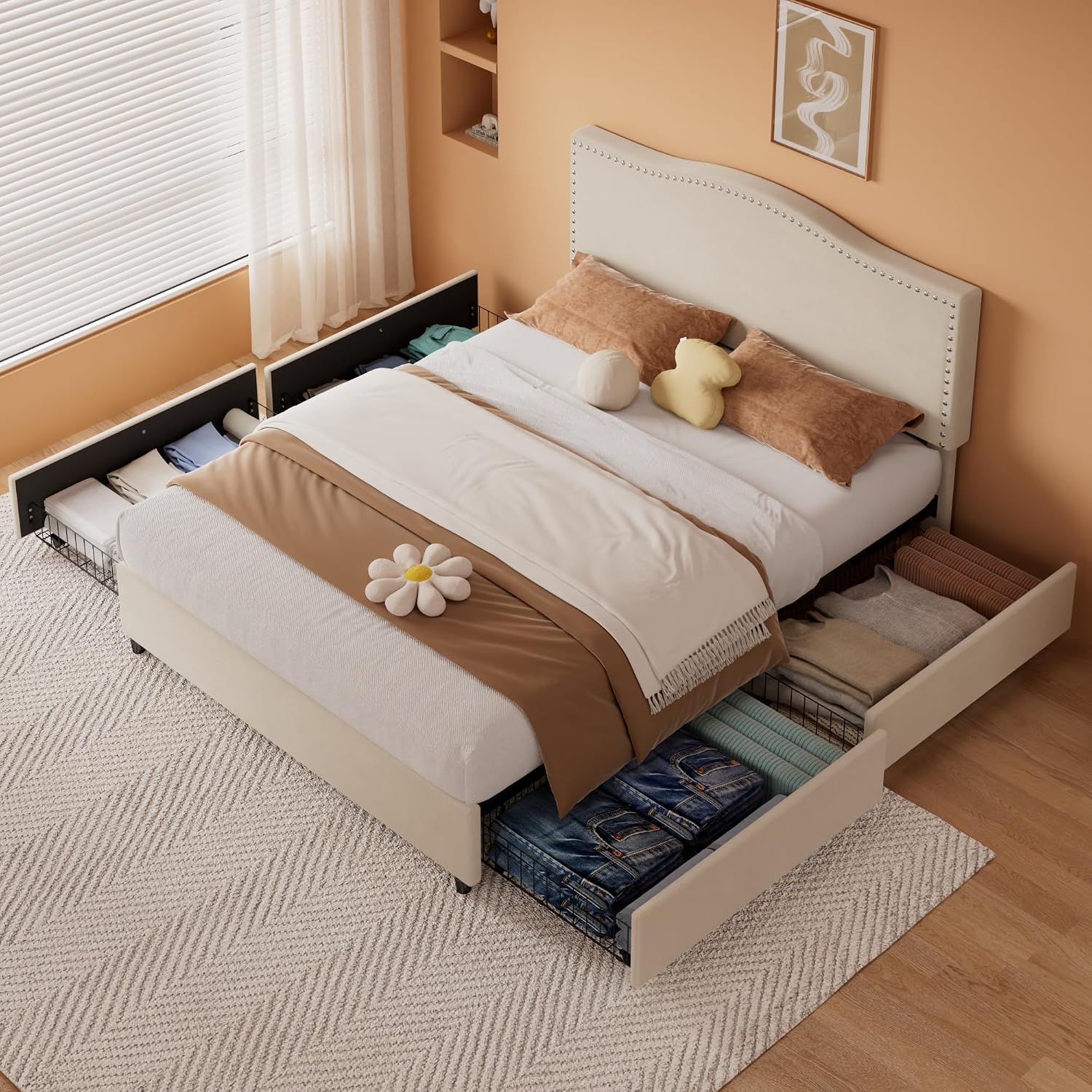 VECELO Queen Bed Frame Platform Bed Frame with Upholstered Headboard, 4 Storage Drawers, Strong Frame and Heavy-Duty Slats Support, Non-Slip and Noise-Free, Easy Assembly,Pink