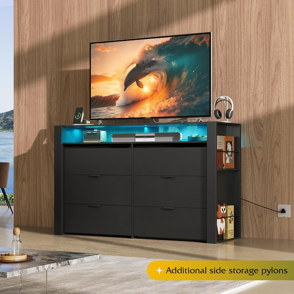 WLIVE 6 Drawer Led Dresser for Bedroom, 51' Black Wood Dresser Storage Organizer with Charging Station for 55' TV, Dressers with Open Shelves, Hanging Rack, Chest of Drawers for Closet, Living Room