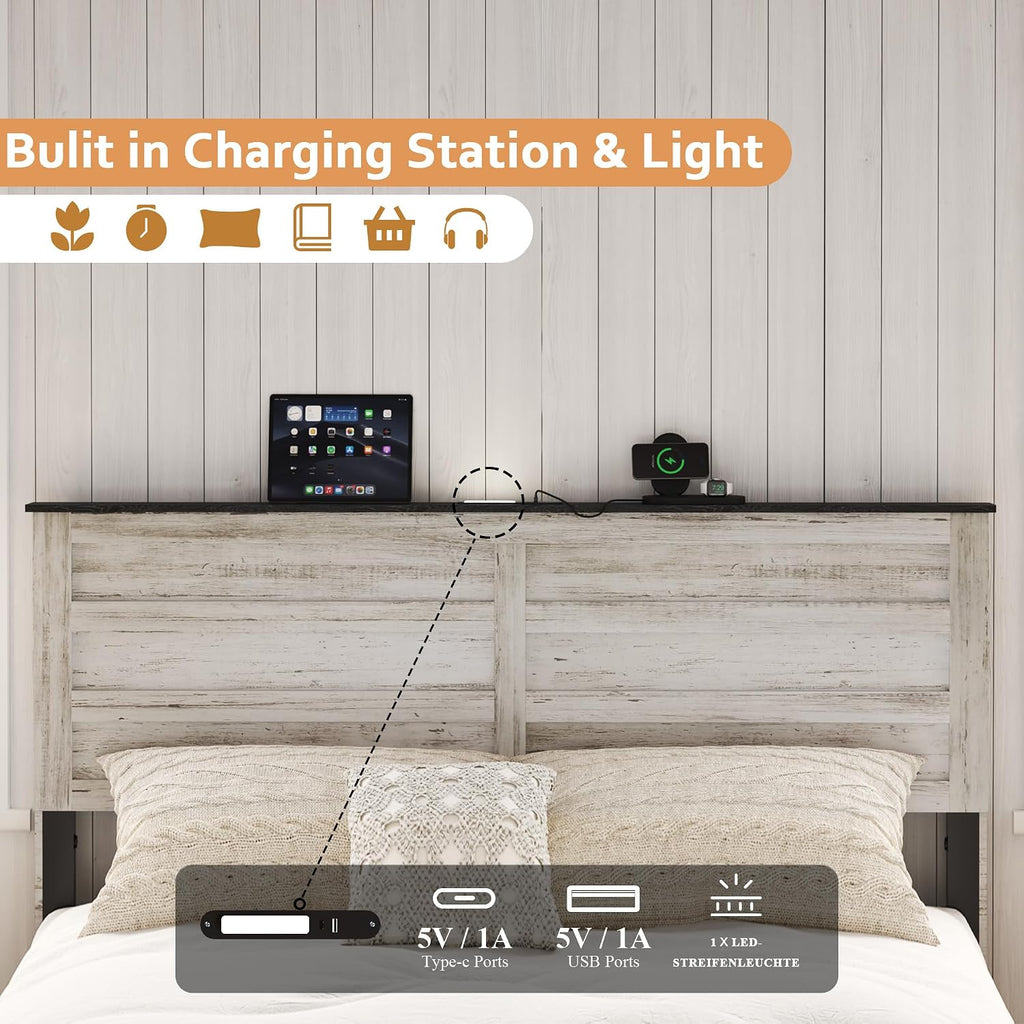Wooden Bed Frame King Size with Headboard & Sliding Barn Door Storage Footboard, Farmhouse Platform Bedframe with Charging Station and LED Lights, No Box Spring Needed, Boho White