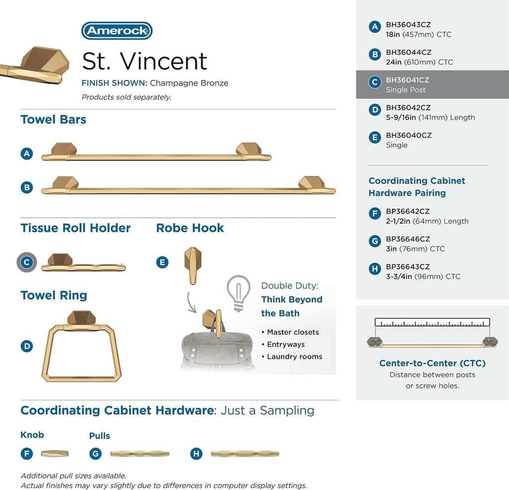 Amerock | Champagne Bronze | St. Vincent |Towel Bar | 24 inch (610 mm) | 3 Piece | Bathroom Accessories Set