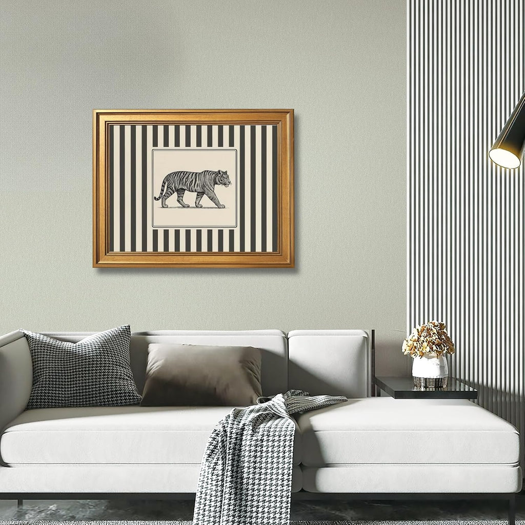 Gold Framed Vintage Tiger Wall Art Black and White Striped Wild Animal Poster Retro Jungle Big Cat Wildlife Canvas Print Botanical Safari Minimalist Exotic Artwork for Home Office Decor 24x36inch