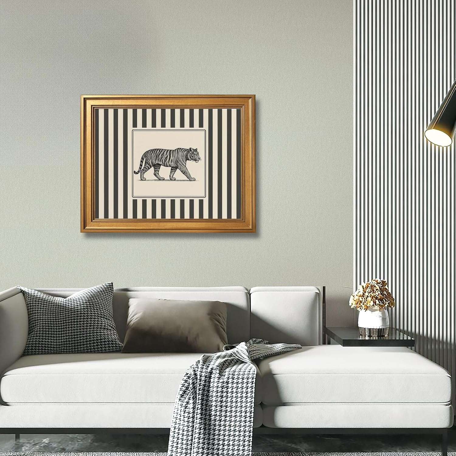 Gold Framed Vintage Tiger Wall Art Black and White Striped Wild Animal Poster Retro Jungle Big Cat Wildlife Canvas Print Botanical Safari Minimalist Exotic Artwork for Home Office Decor 24x36inch