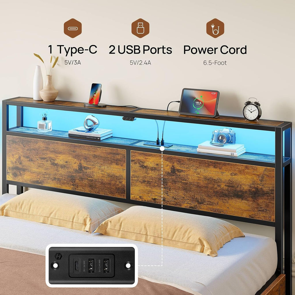 Rolanstar Full Size Bed Frame with 4 Storage Drawers, Charging Station and LED Lights, Metal Platform Bed with 2-Tier Storage Headboard, No Box Spring Needed, Easy Assembly, Noise-Free, Rustic Brown