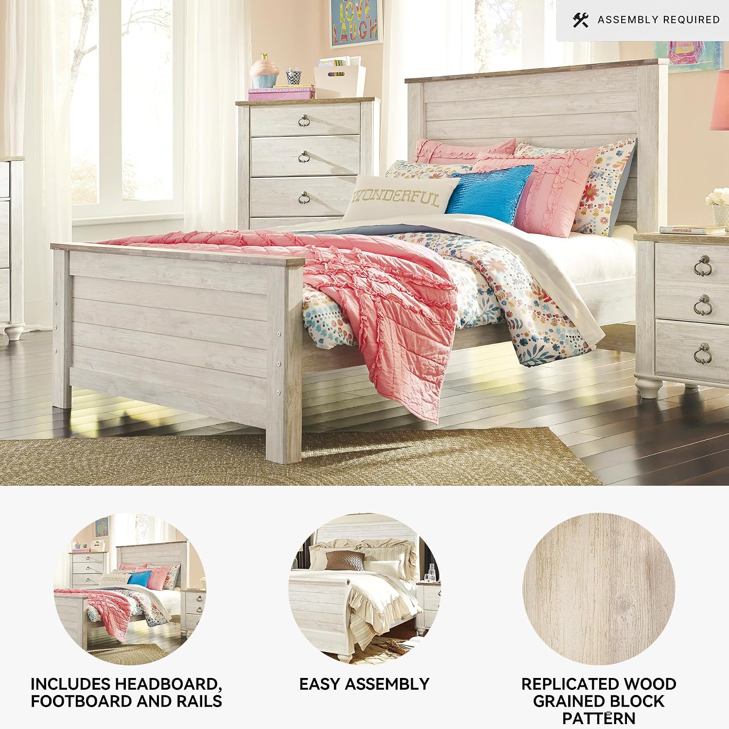 Signature Design by Ashley Willowton Coastal Full Panel Bed, Foundation or Box Spring Needed, Whitewash