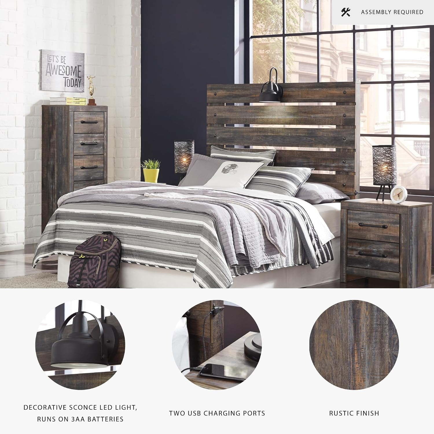 Signature Design by Ashley Drystan Rustic Full Panel Bed, Sconce LED Lights, USB Ports and Nailheads, Foundation or Box Spring Needed, Dark Brown & Gray
