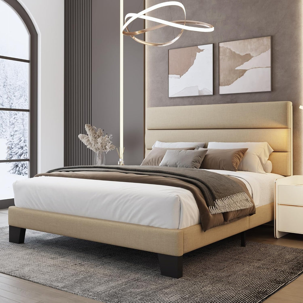 WEEWAY Full Size Bed Frame Platform Bed with Linen Fabric Upholstered Headboard and Wooden Slats Support, Heavy Duty Mattress Foundation, No Box Spring Needed, Easy Assembly, Beige