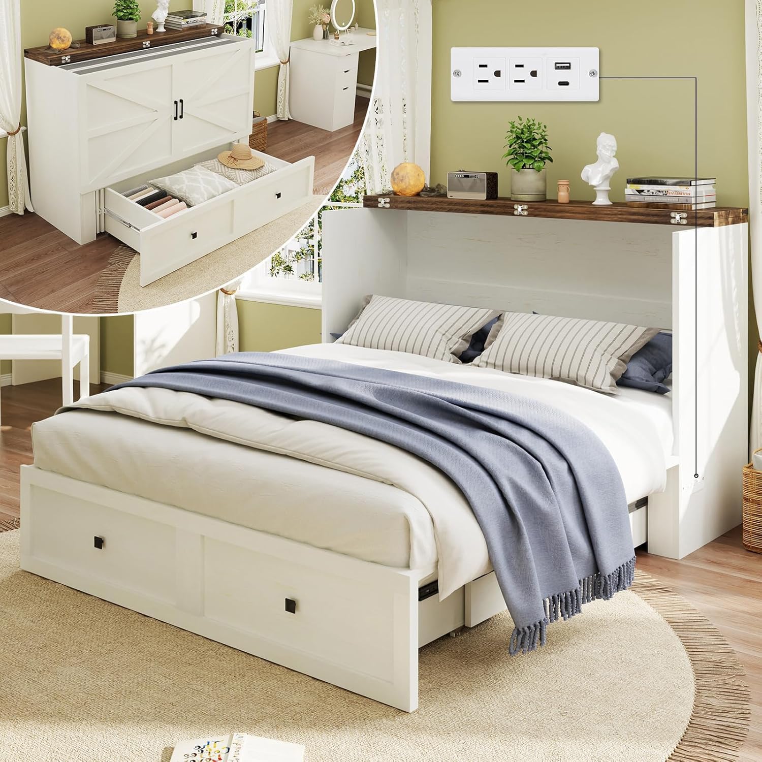LUXOAK Full Size Murphy Bed with Charging Station, Cabinet Bed with Large Storage Drawer for Home Office or Small Room, Full Foldable Platform Bed, White