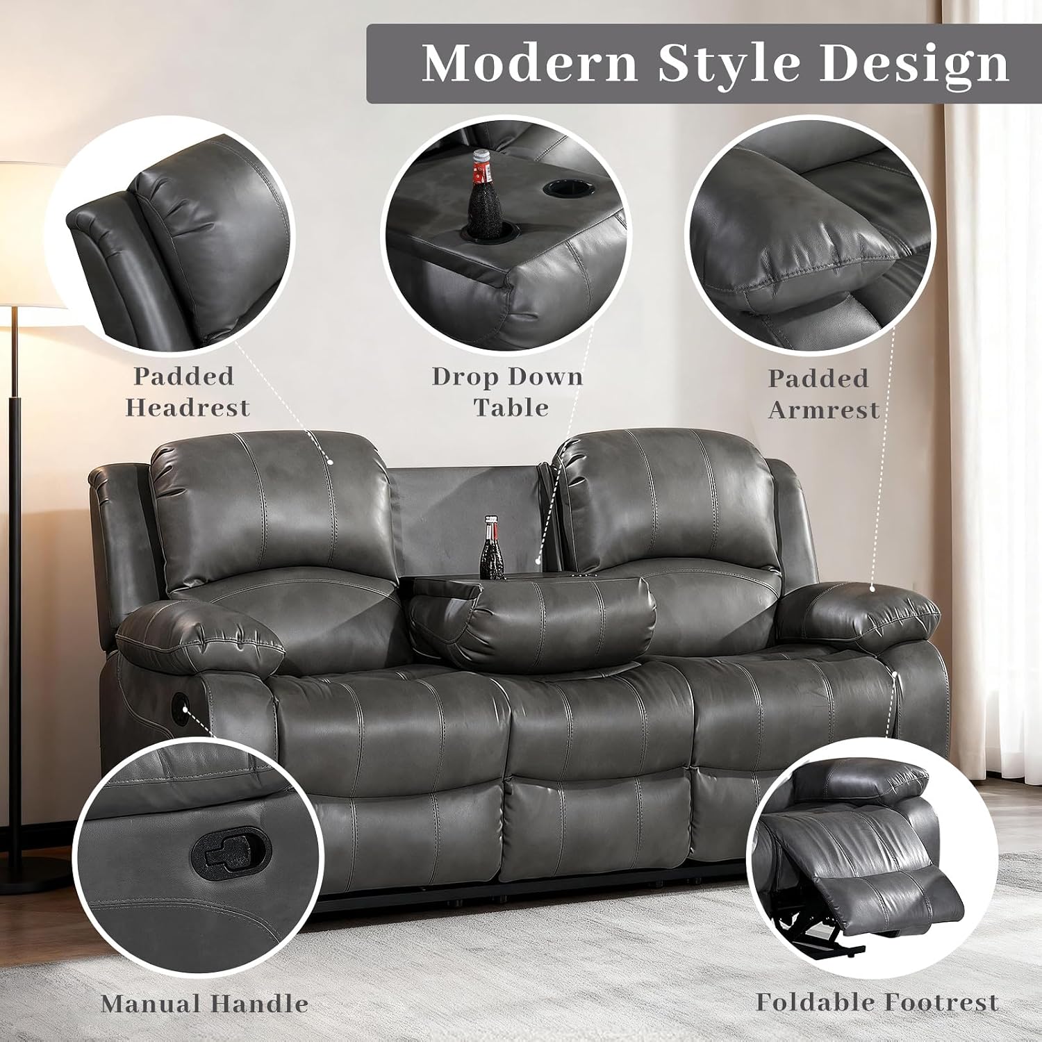 Betsy Furniture 3PC Faux Leather Reclining Couch Set, Living Room Furniture Set, Sofa, Loveseat, Glider, 8018 Multiple Colors (Gray, Sofa+Loveseat+Chair) | 8018