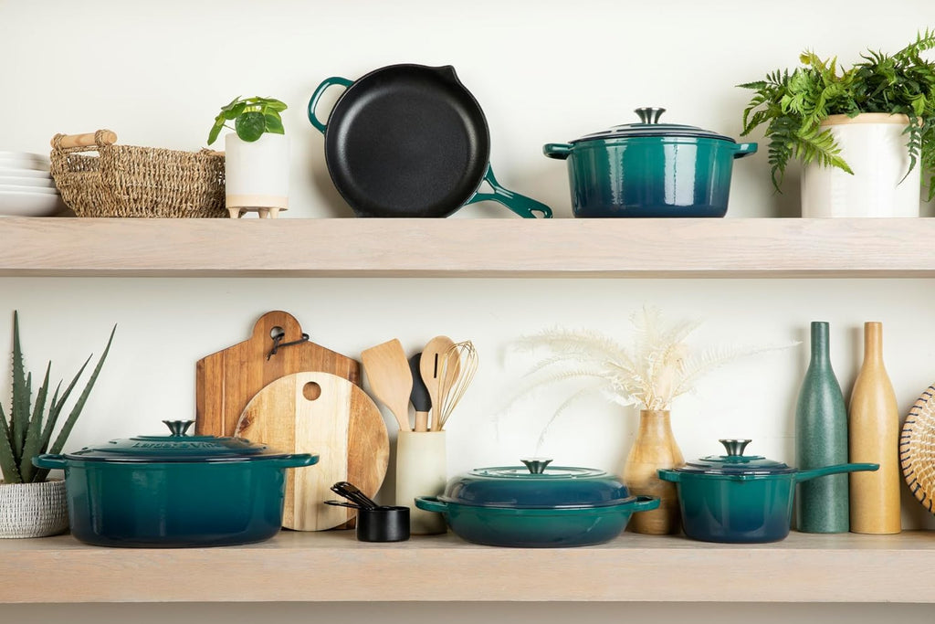 Larder & Vine 4-Piece Enameled Cast Iron Cookware Set: 8 Quart Dutch Oven with Lid, 3.6 Quart Braiser with Lid, Cast Iron Cookware with Oversized Handles, Oven Safe up to 500°F (Bondi)