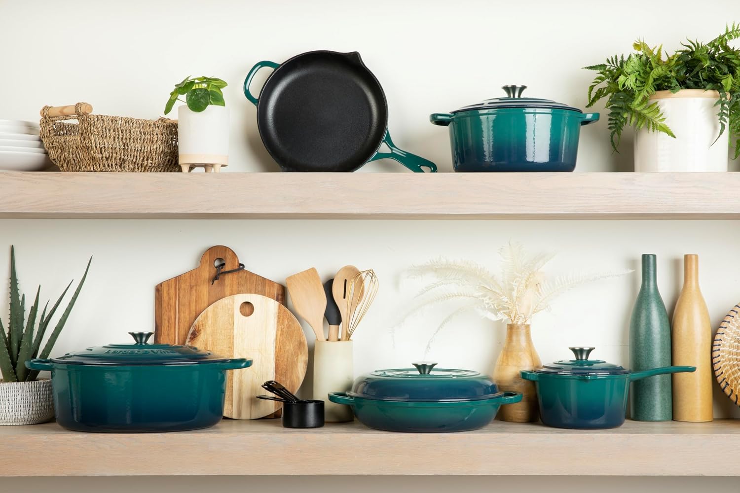 Larder & Vine 4-Piece Enameled Cast Iron Cookware Set: 8 Quart Dutch Oven with Lid, 3.6 Quart Braiser with Lid, Cast Iron Cookware with Oversized Handles, Oven Safe up to 500°F (Bondi)